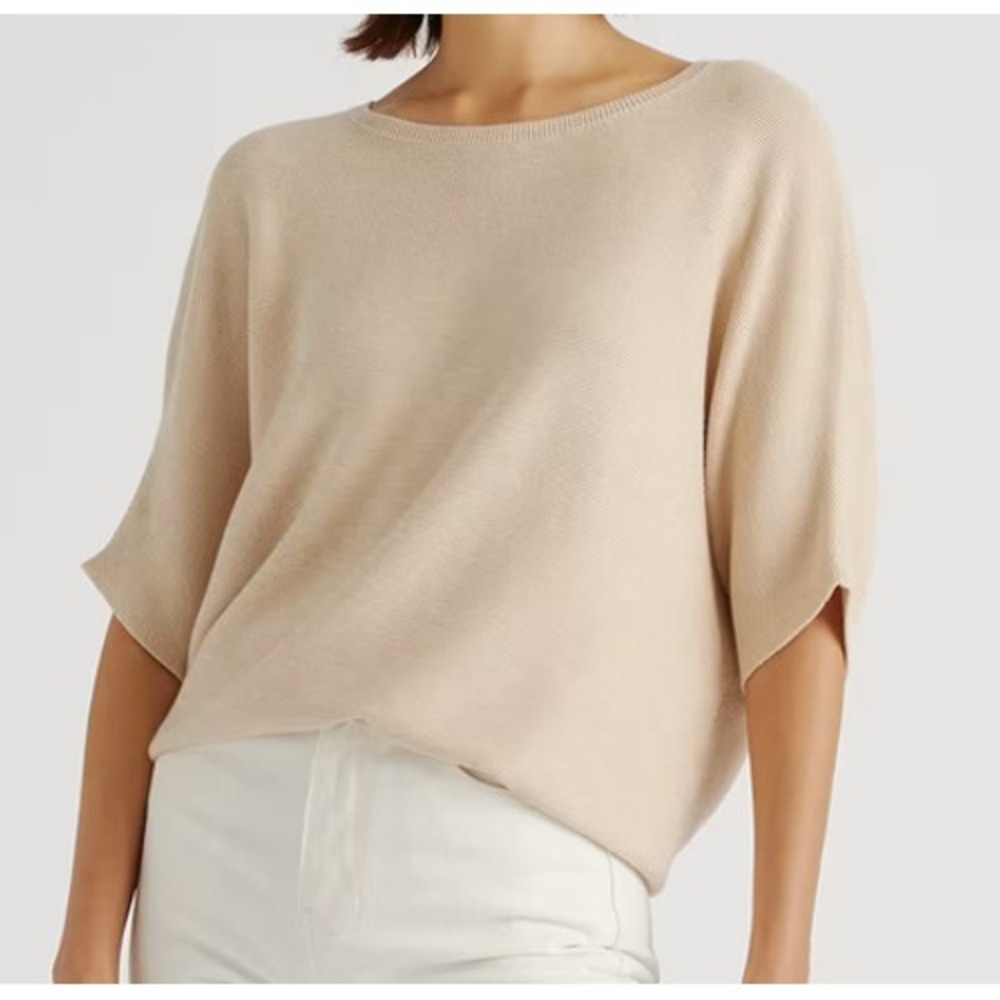 Quince Cotton Cashmere Link-Stitch Dolman Sweater Heather Oatmeal Medium NWT